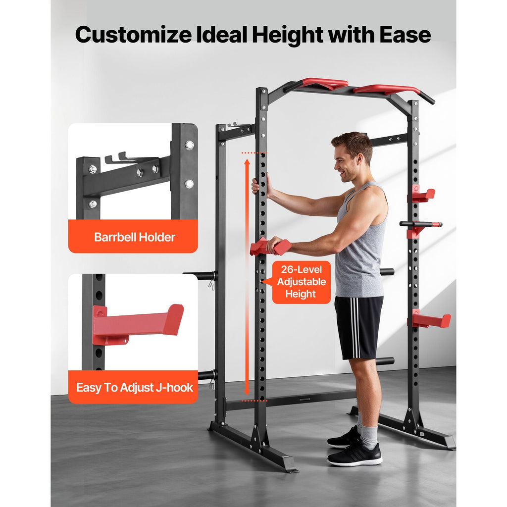 Power Cage Power Rack, Multifunctional Barbell Squat Rack with Adjustable Height, Home Gym Strength Training Workout Equipment with J-Hooks & More Fitness Attachment for Bench Press Pull-Up Dips