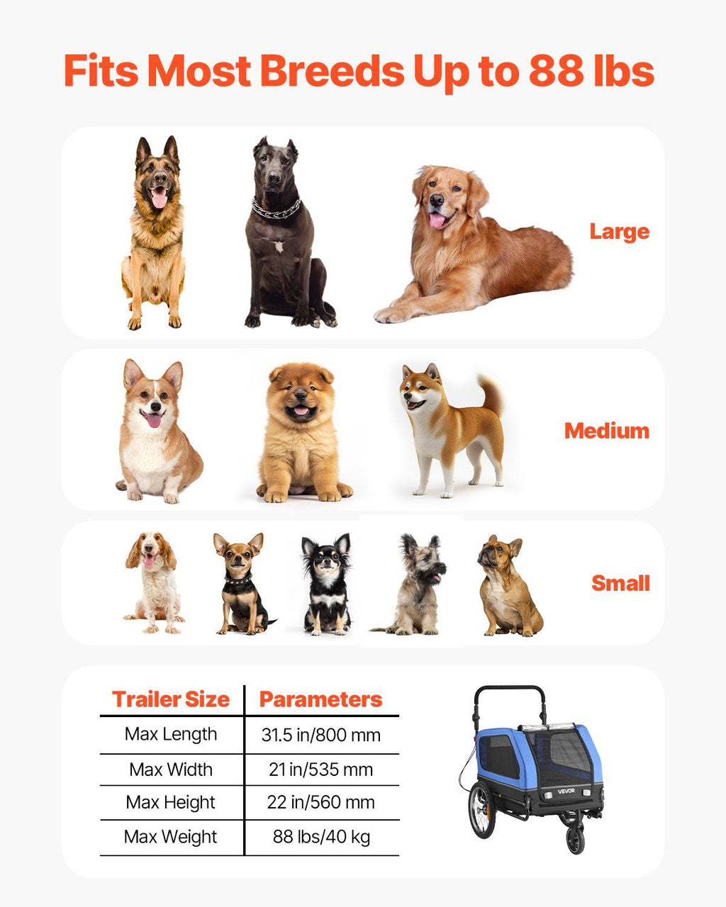 Dog Bike Trailer, Supports up to 88 lbs, 2-in-1 Pet Stroller Cart Bicycle Carrier for Small & Large Dogs, Easy Folding Frame with Quick Release Wheel, Universal Bicycle Coupler, Internal Leash