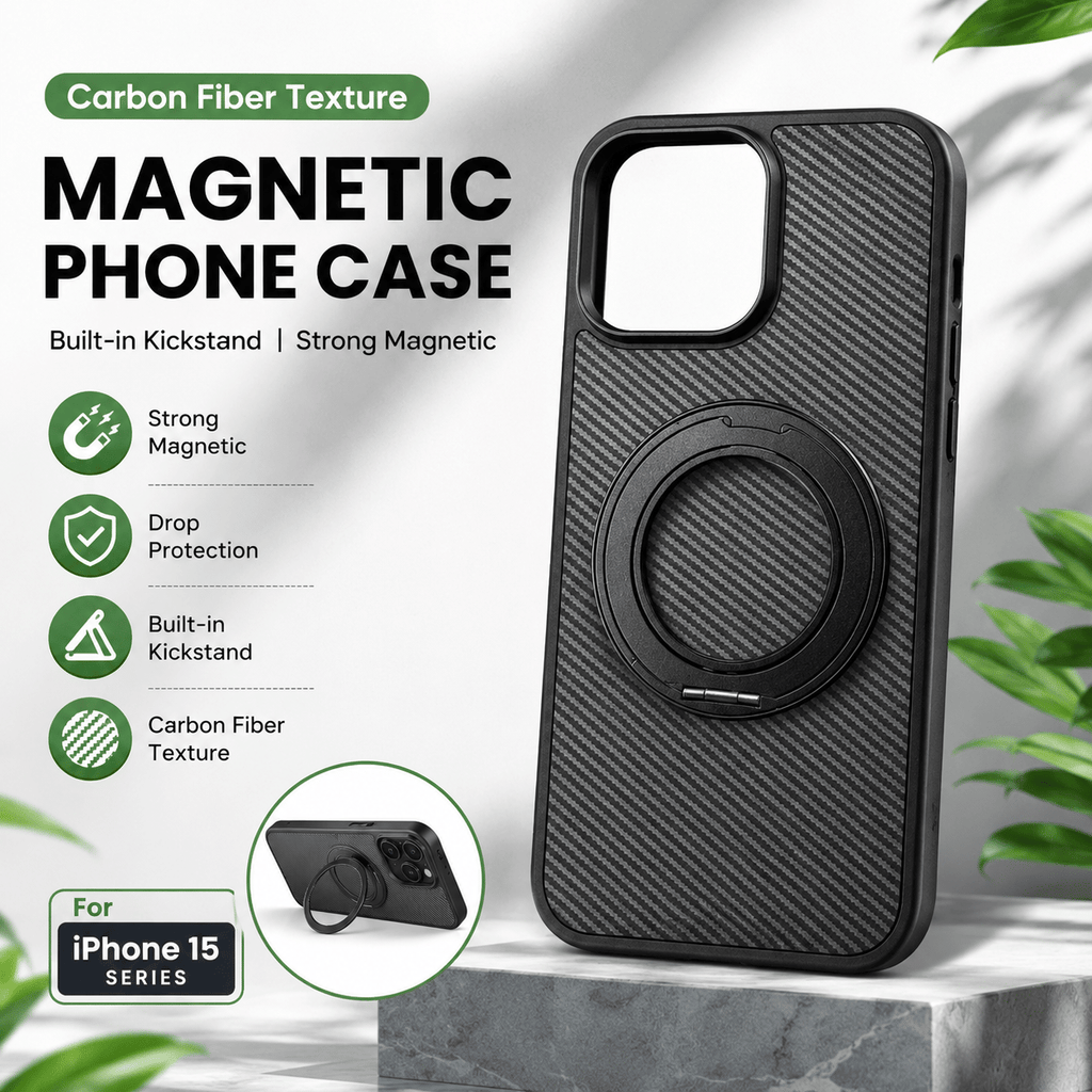 Magnetic Carbon Fiber Phone Case for iPhone 13 14 15 16 17 Series, Built-in Rotatable Kickstand Shockproof Protective Cover Compatible with MagSafe Wireless Charging