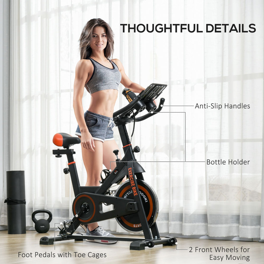 Exercise Bike, Flywheel Indoor Stationary Bike, Adjustable Height & Resistance, with LCD Monitor, Pedal Cage and Shelf Tray, 264 lbs Weight Capacity, Black and Red