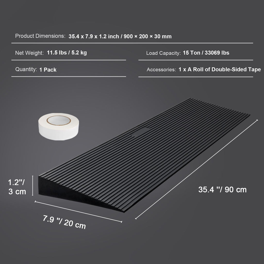 1.2" Rise Cuttable Threshold Ramp for Sweeping Robot, 35.4" Wide Natural Rubber Wheelchair Ramp, Non-Slip Solid Rubber Ramp with Double-Sided Tape for Doorways, Driveways, Bathroom, Smooth Tile