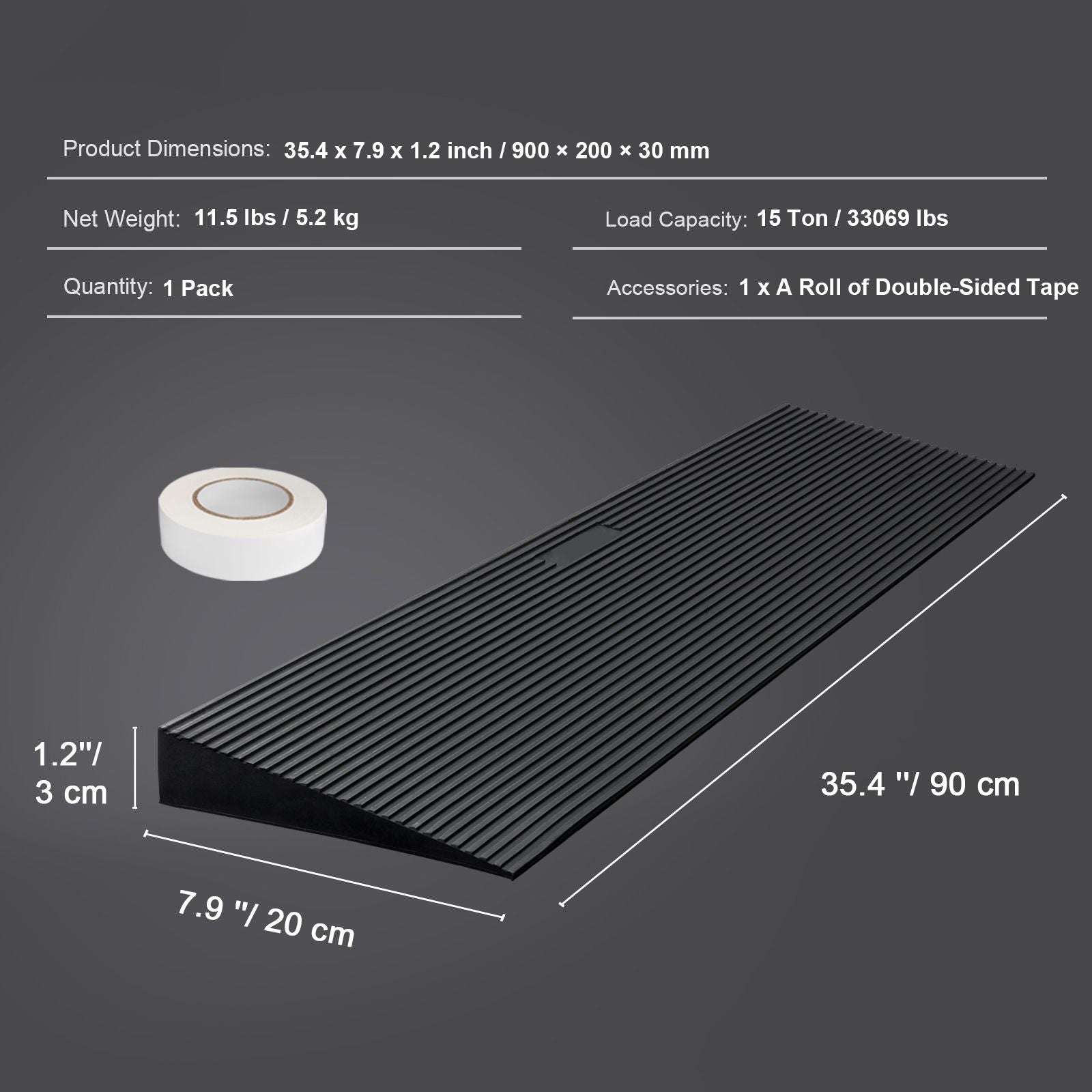 1.2" Rise Cuttable Threshold Ramp for Sweeping Robot, 35.4" Wide Natural Rubber Wheelchair Ramp, Non-Slip Solid Rubber Ramp with Double-Sided Tape for Doorways, Driveways, Bathroom, Smooth Tile