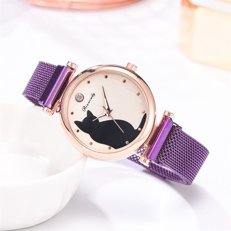 Women Fashion Watches Quartz Wristwatch Purple Mesh Belt Cat Dial