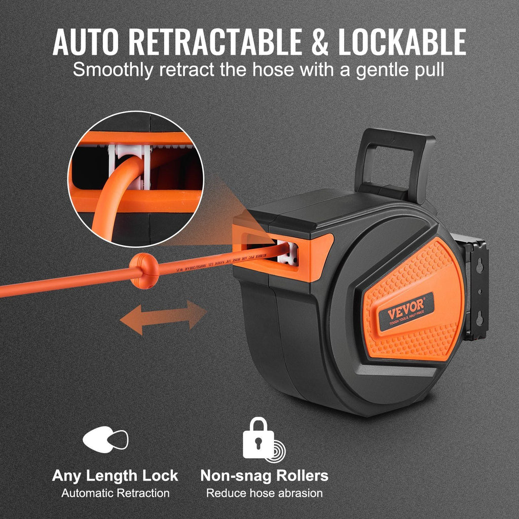 VEVOR Retractable Air Hose Reel, 3/8 IN x 50 FT Hybrid Air Hose Max 300PSI, Air Compressor Hose Reel with 5 In Lead in, Ceiling / Wall Mount Enclosed Air Reel, 180° Swivel Mount