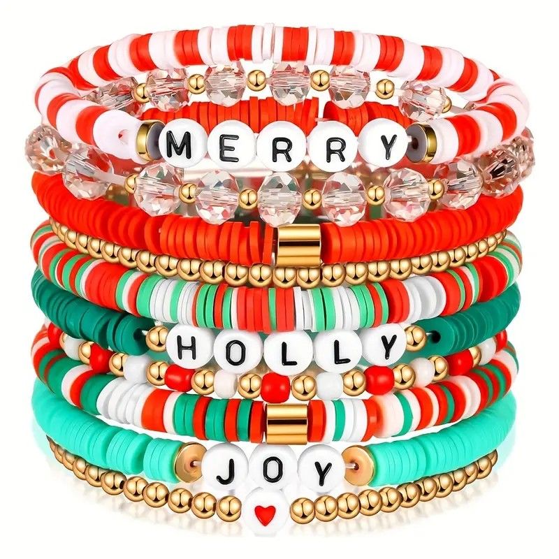 10-Pack Christmas Holiday Bracelet Set - Festive Polymer Clay Heishi Stretch Bracelets with Joyful Messages | Plastic Bead Jewelry Gift for Women | Seasonal Party Accessories