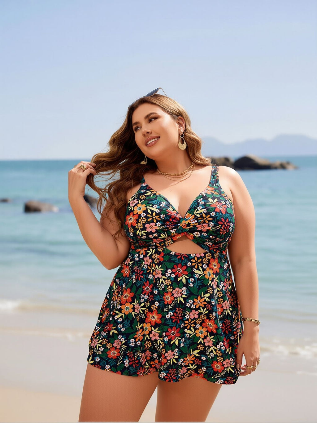 2026 New Plus Size Swim Dress: Floral Print, Halter Neck, Cutout, Flowy Beach Style
