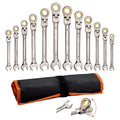 Flex-Head Ratcheting Wrench Set, 12-Piece Metric 8 mm to 19 mm, 72 Teeth, Cr-V Steel Ratchet Flexible Combination Wrench Set with Roll Up Pouch, for General Household and Automotive Repairs