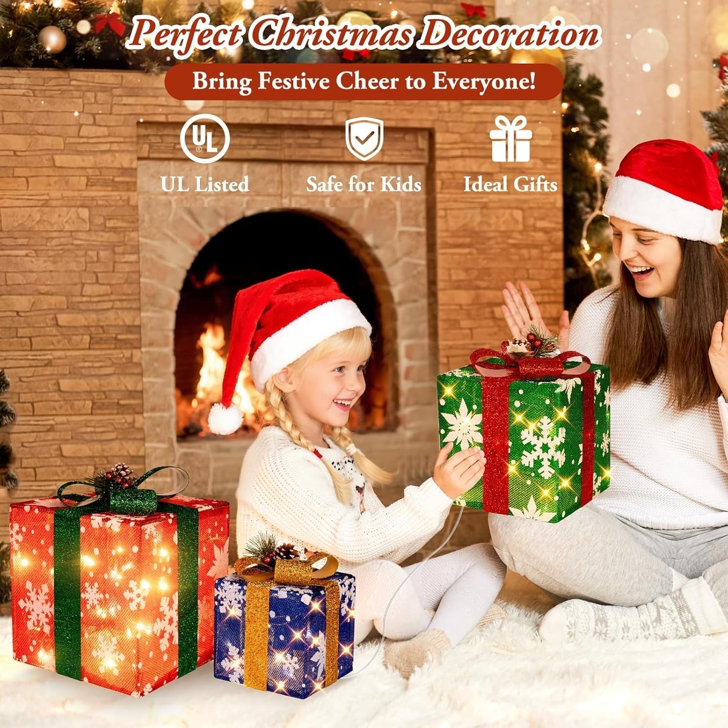 3 Pieces Large Gift Boxes for Christmas Decorations Outdoor, 10" 8" 6" with Pre-lit 70 LED Mini String Lights, Plug-in Warm White Present Boxes with Glitter for Christmas Wedding Party