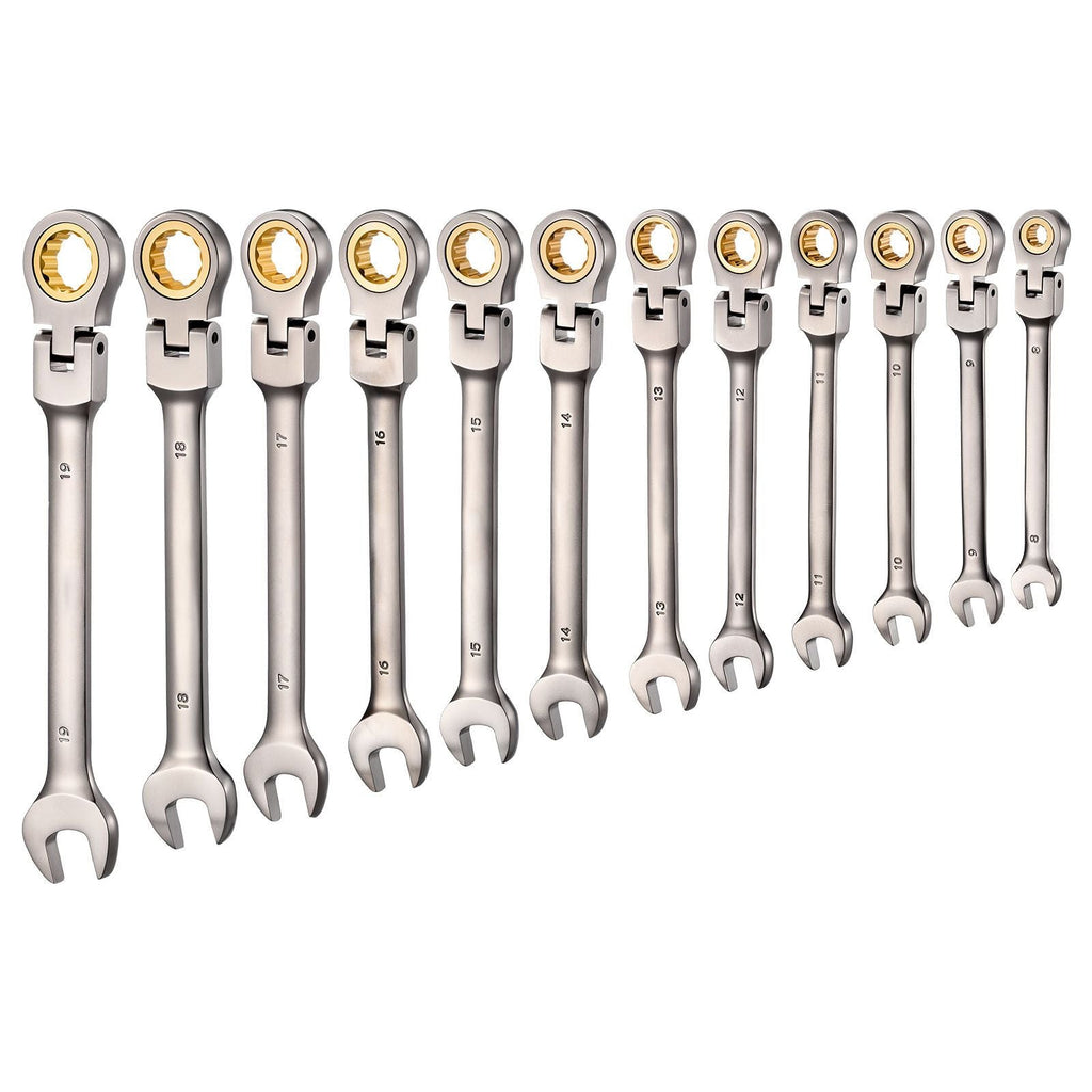 Flex-Head Ratcheting Wrench Set, 12-Piece Metric 8 mm to 19 mm, 72 Teeth, Cr-V Steel Ratchet Flexible Combination Wrench Set with Roll Up Pouch, for General Household and Automotive Repairs