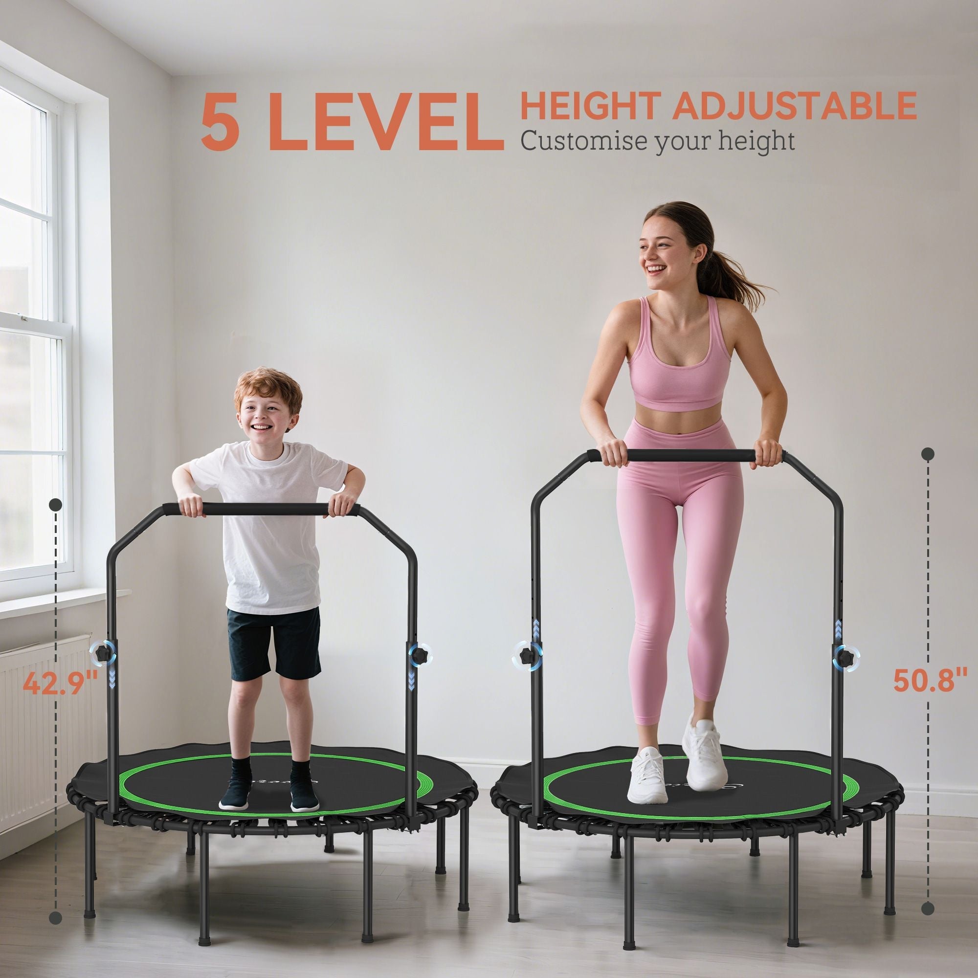 48" Rebounder Trampoline for Adults, Foldable Mini Trampoline with Adjustable Handle Bar for Indoor Outdoor, Green
