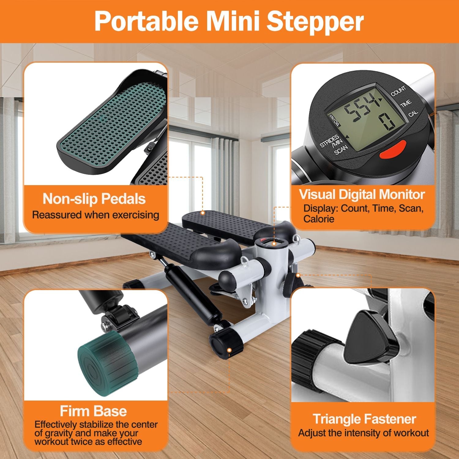 Exercise Stepper for Women Mini Fitness Stepper with 2 Resistance Bands LCD Monitor Max 330.7LBS Load Stair Stepper Quiet Stepper