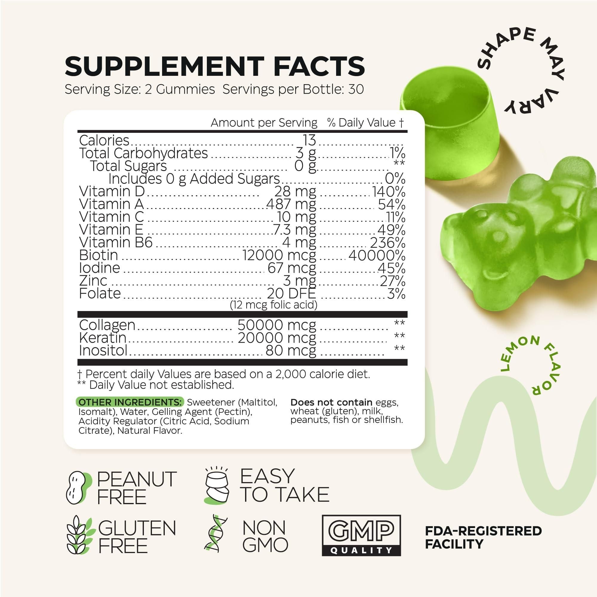 Biotin and Collagen Peptide Gummies for Hair Growth Skin and Nails 12000 Mcg Biotin Chewables with Keratin Max Strength Beauty Gummies for Women and Men Sugar Free Non GMO Gummy Supplement
