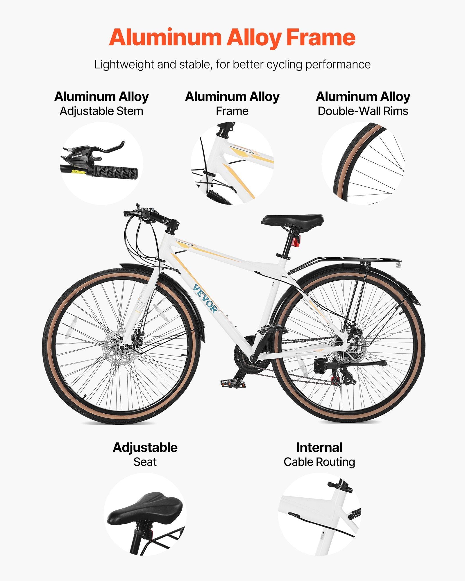 Hybrid Bike, Lightweight Aluminum Frame Bike, 700c Wheel Men Women Hybrid Bicycle, Step-Over Adult Urban City Commuter Bikes, with 24-Speed Shimano Drivetrain, Alloy Adjustable Stem, Dual Brakes