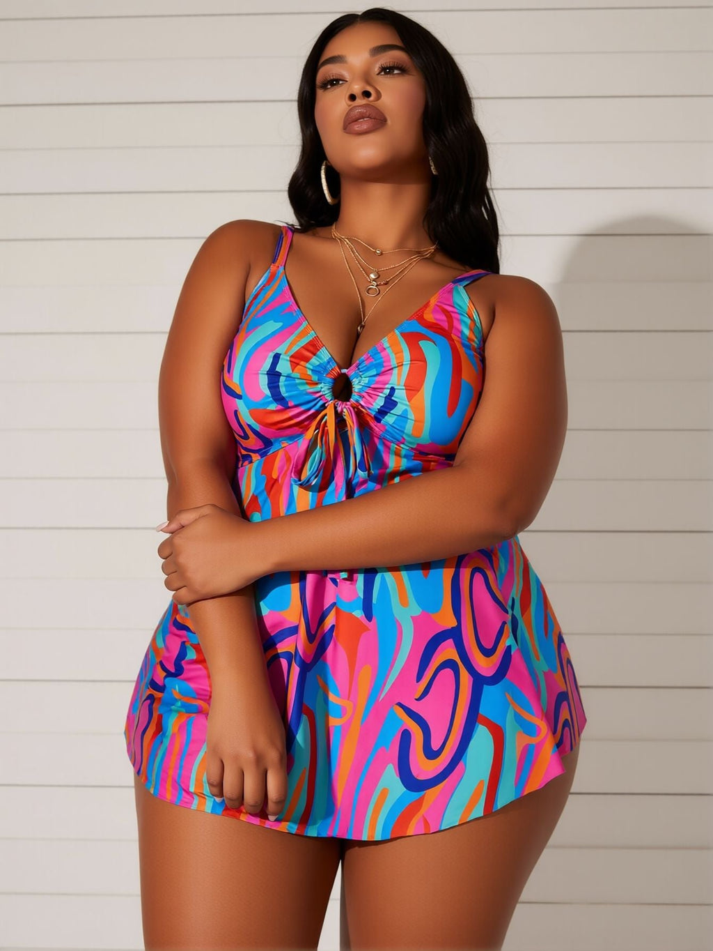 2026 New Plus Size Swim Dress: Vibrant Abstract Print, V-Neck, Tie Front Cutout, Curvy Beach Style