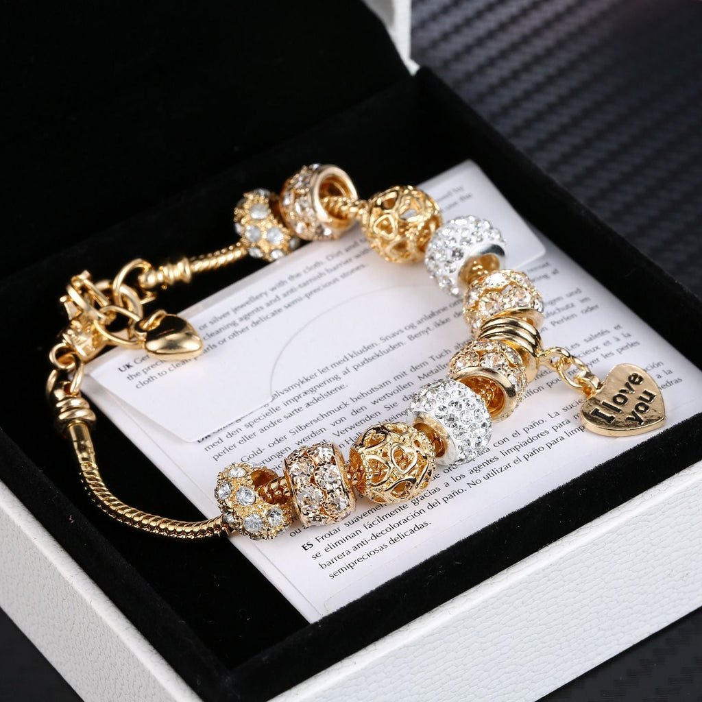 Heart Charm Bracelet with Extender Gold Plated Snake Chain Bracelets CZ Crystal Beads Charms Bracelets