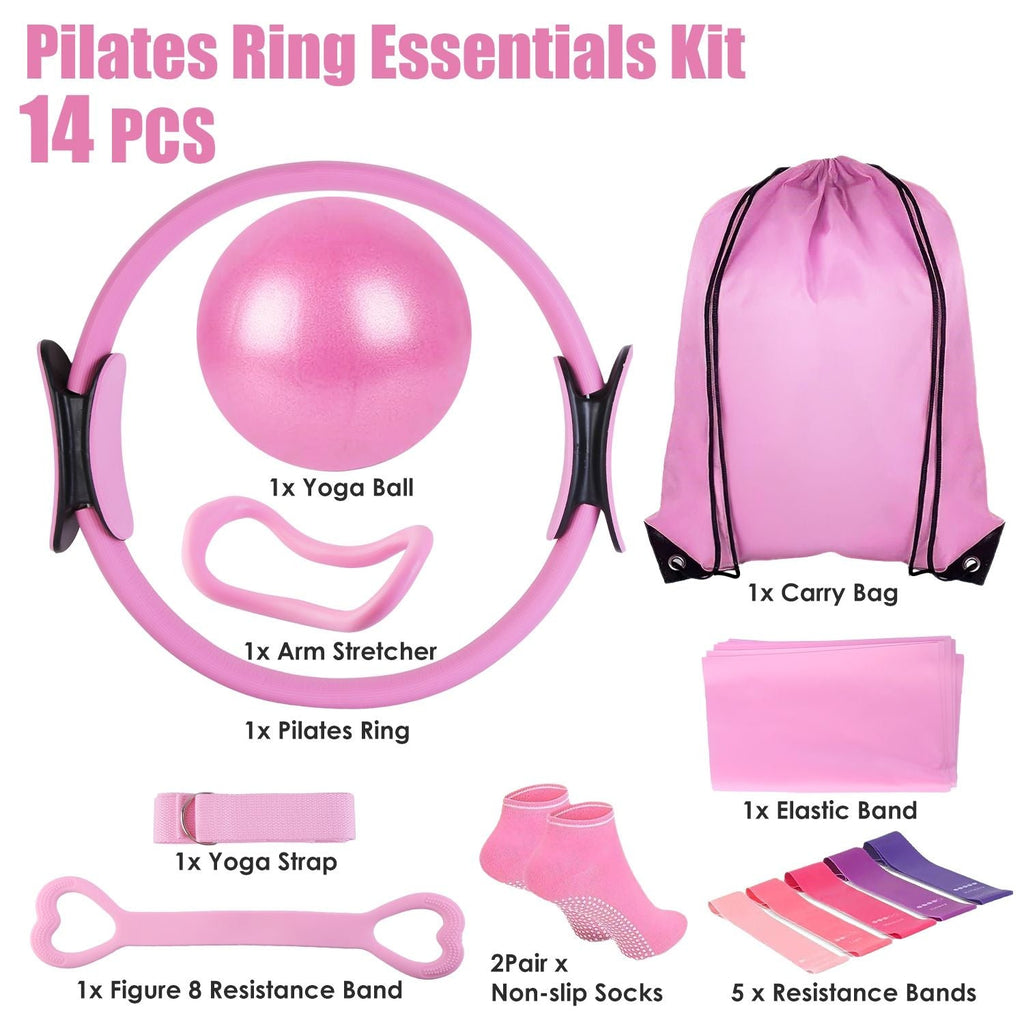 14Pcs Pilates Ring Essentials Kit For Women with Yoga Ball Arm Stretcher 5 Resistant Bands Figure 8 Resistant Band Elastic Band Non-slip Socks Yoga Strap