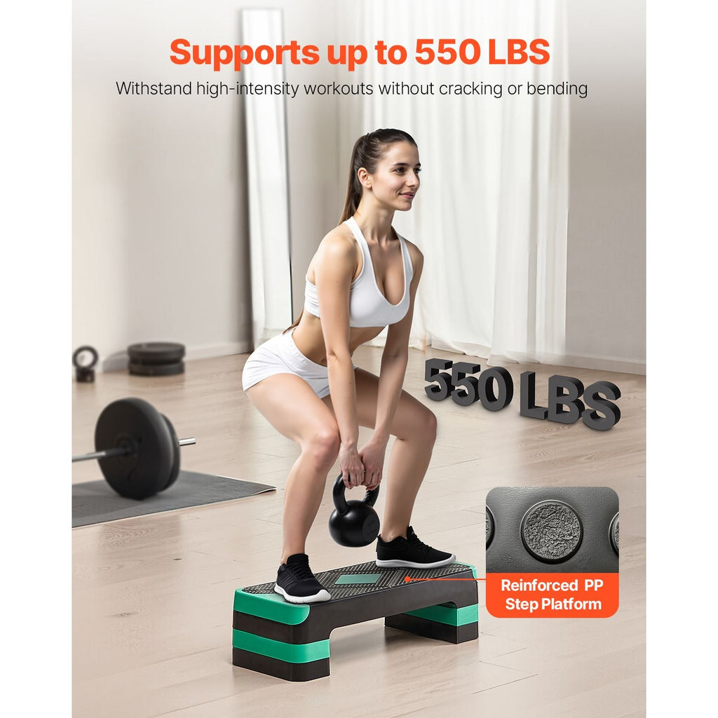 Aerobic Exercise Step Platform, 28-Inch Workout Aerobic Stepper, Height Adjustable Fitness Training Step Deck Trainer with 4 Risers, Non-Slip Surface Bench for Home Gym Cardio Strength, Green