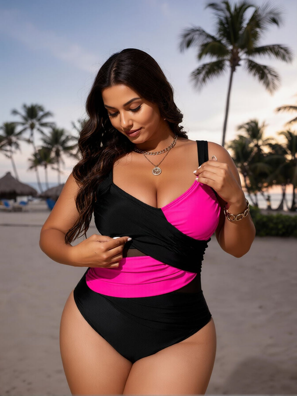 2026 New Plus Size Black & Hot Pink Color Block One-Piece Swimsuit Women's Deep V Crisscross Ruched Mesh Panel Thong Bathing Suit for Beach Vacation, Sexy & Slimming