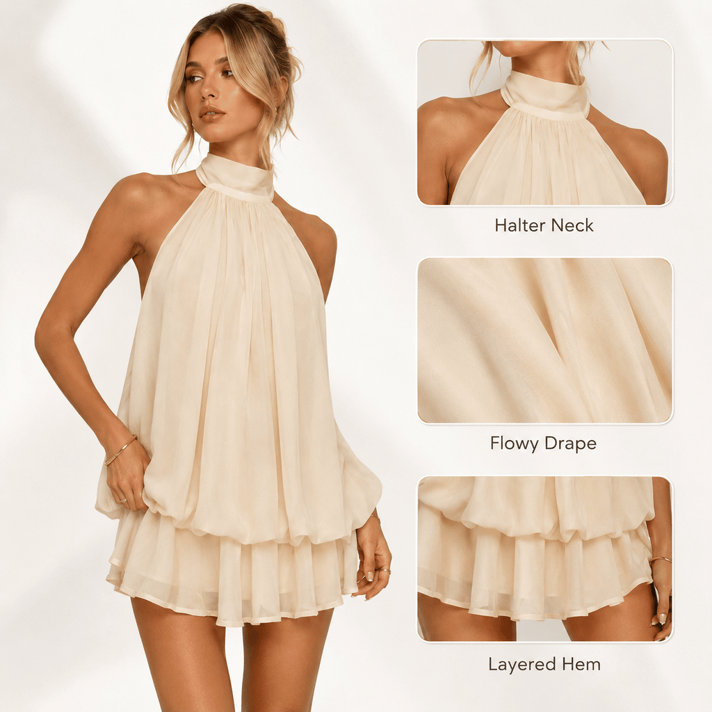 Womens Summer Dresses Halter Tie Mini Dress With Built-in Shorts, Chiffon Elegant A-Line Backless Sundress