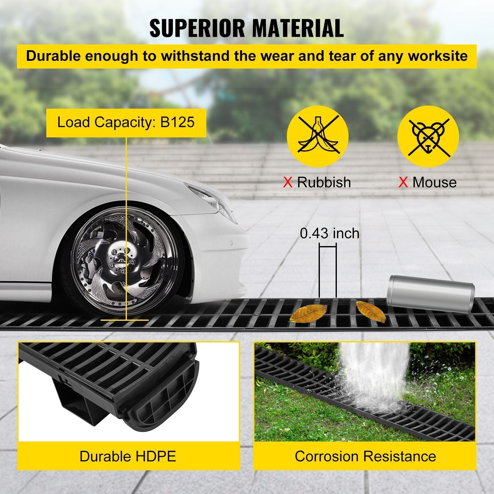 Trench Drain System, Channel Drain with Plastic Grate, 5.8x3.1-Inch HDPE Drainage Trench, Black Plastic Garage Floor Drain, 6x39 Trench Drain Grate, with 6 End Caps, for Garden, Driveway-6 Pack
