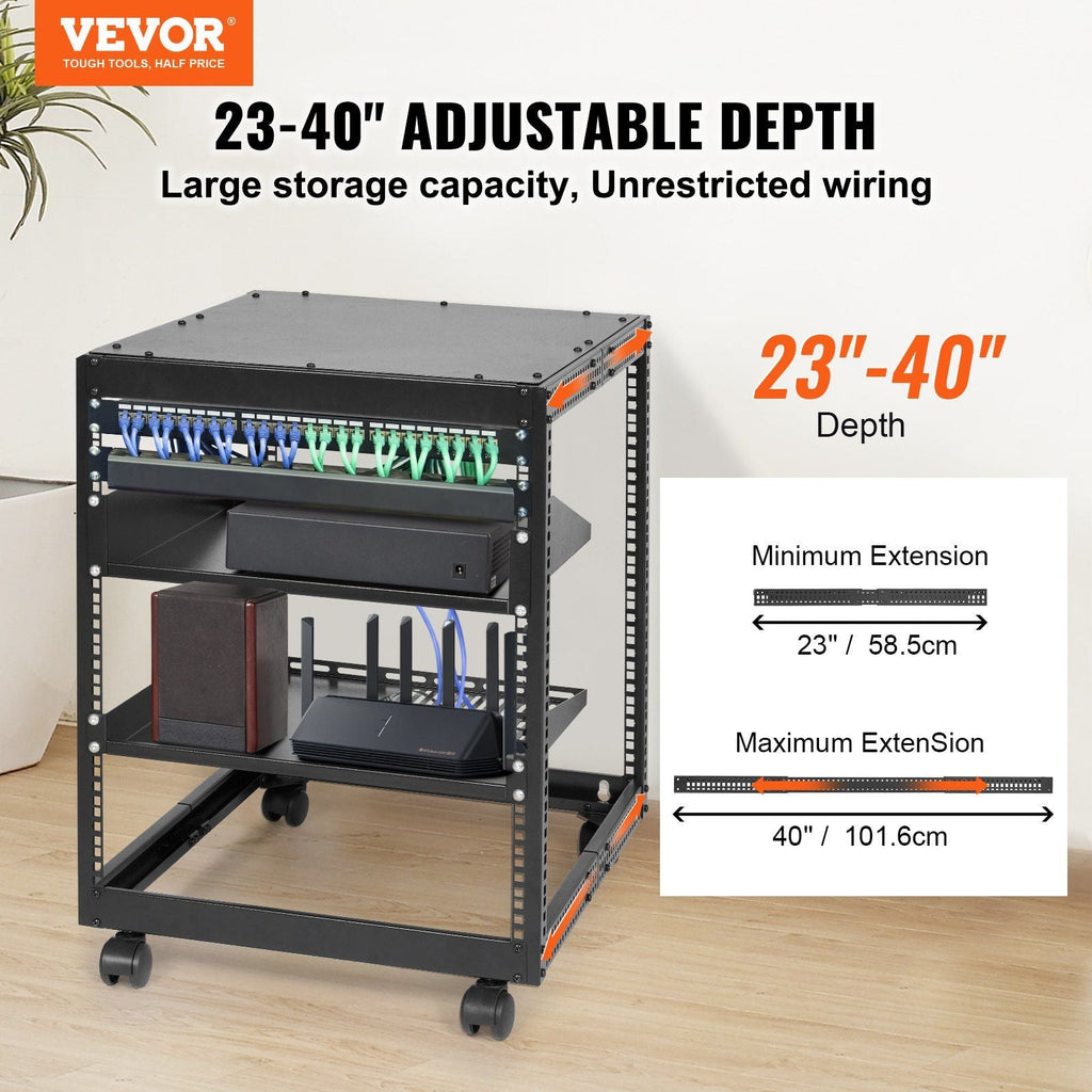 12U Open Frame Server Rack, 23-40 in Adjustable Depth, Free Standing or Wall Mount Network Server Rack, 4 Post AV Rack with Casters, Holds All Your Networking IT Equipment AV Gear Router Modem