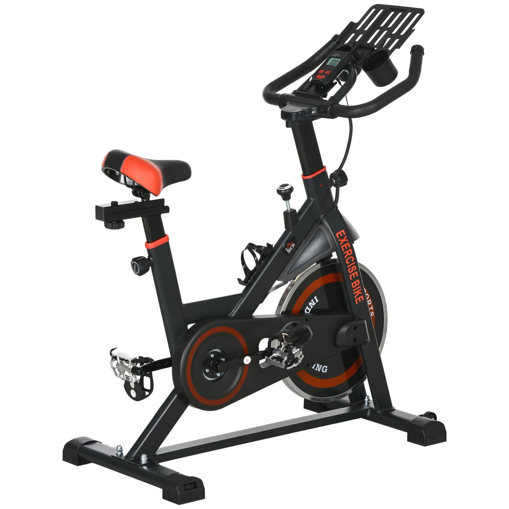 Exercise Bike, Flywheel Indoor Stationary Bike, Adjustable Height & Resistance, with LCD Monitor, Pedal Cage and Shelf Tray, 264 lbs Weight Capacity, Black and Red
