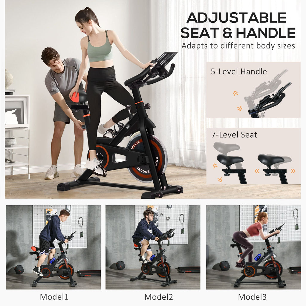 Exercise Bike, Flywheel Indoor Stationary Bike, Adjustable Height & Resistance, with LCD Monitor, Pedal Cage and Shelf Tray, 264 lbs Weight Capacity, Black and Red