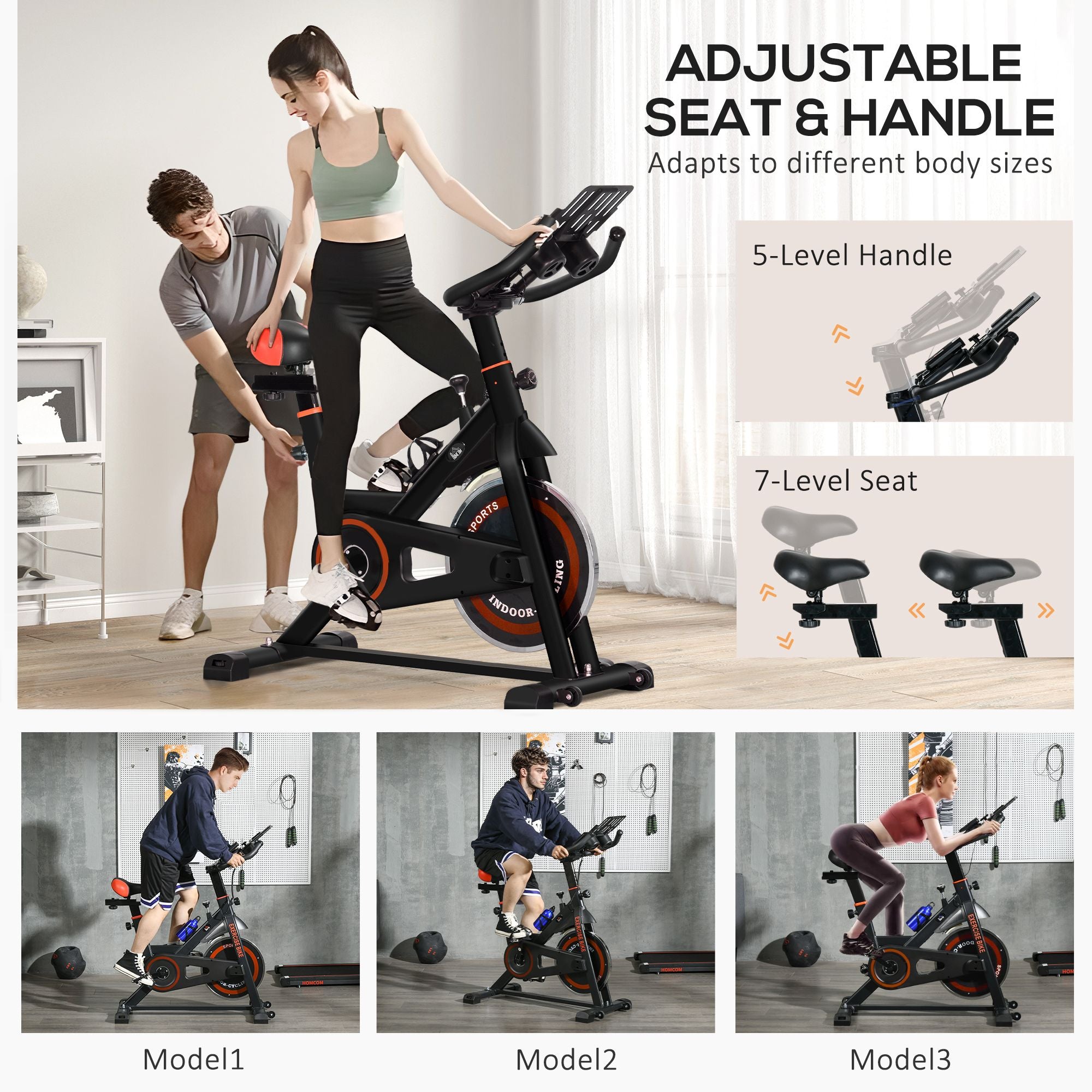 Exercise Bike, Flywheel Indoor Stationary Bike, Adjustable Height & Resistance, with LCD Monitor, Pedal Cage and Shelf Tray, 264 lbs Weight Capacity, Black and Red