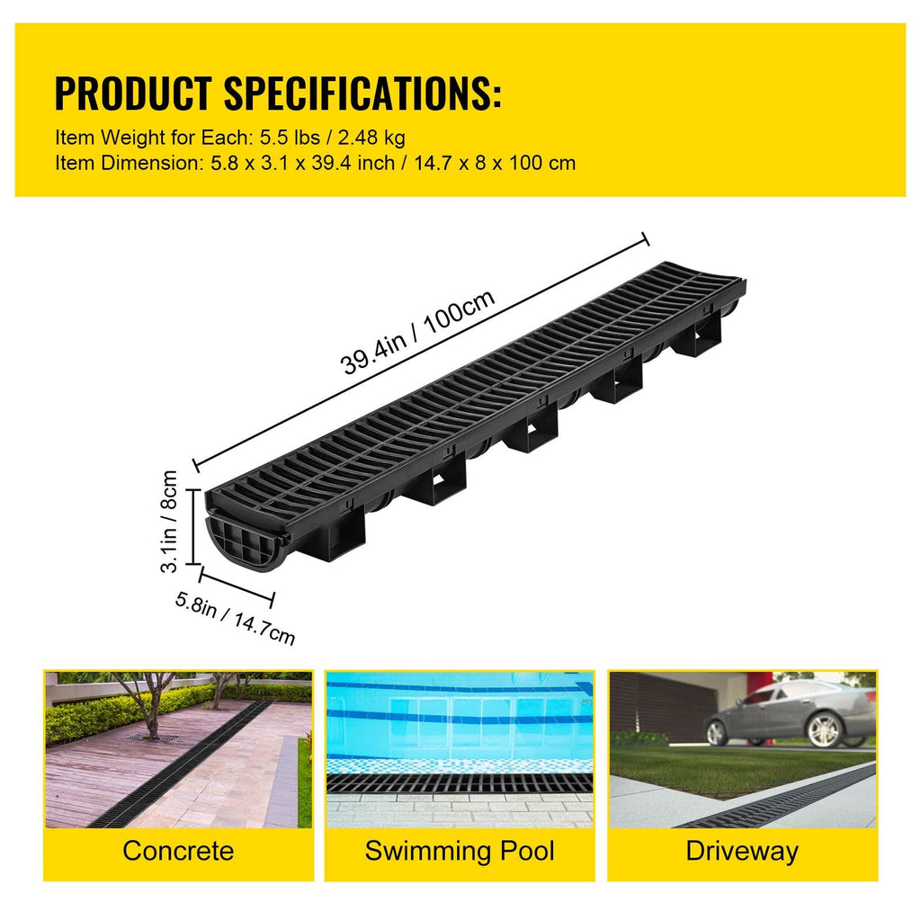 Trench Drain System, Channel Drain with Plastic Grate, 5.8x3.1-Inch HDPE Drainage Trench, Black Plastic Garage Floor Drain, 6x39 Trench Drain Grate, with 6 End Caps, for Garden, Driveway-6 Pack