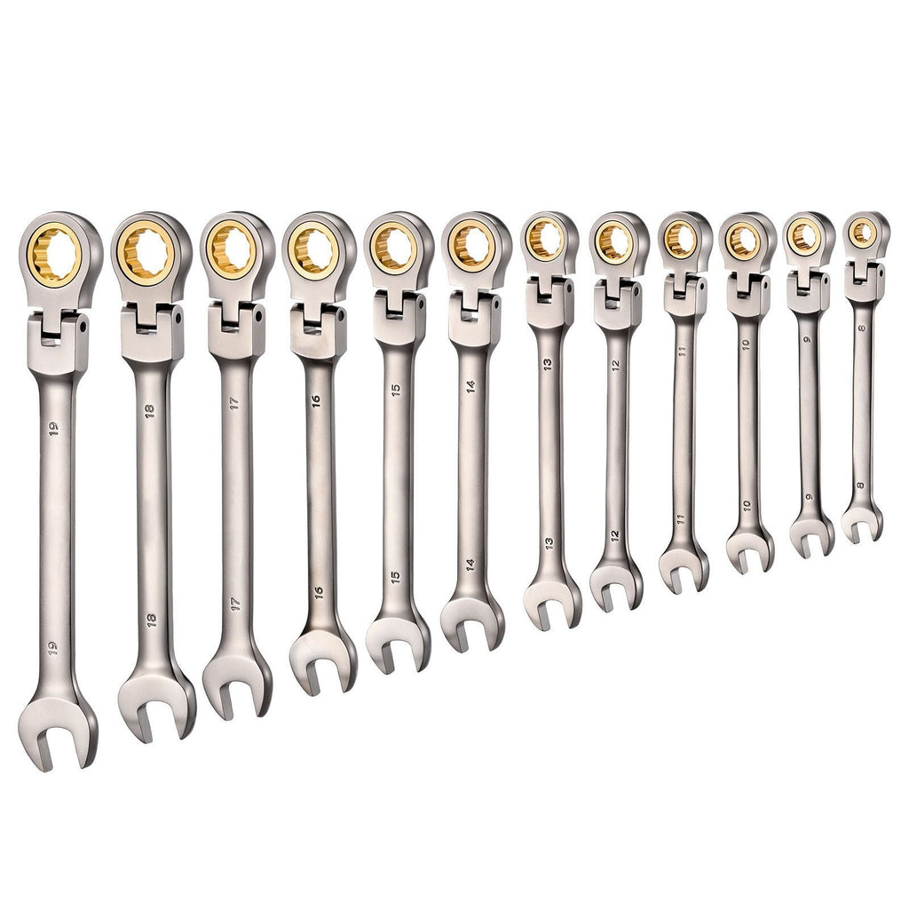 Flex-Head Ratcheting Wrench Set, 12-Piece Metric 8 mm to 19 mm, 72 Teeth, Cr-V Steel Ratchet Flexible Combination Wrench Set with Roll Up Pouch, for General Household and Automotive Repairs