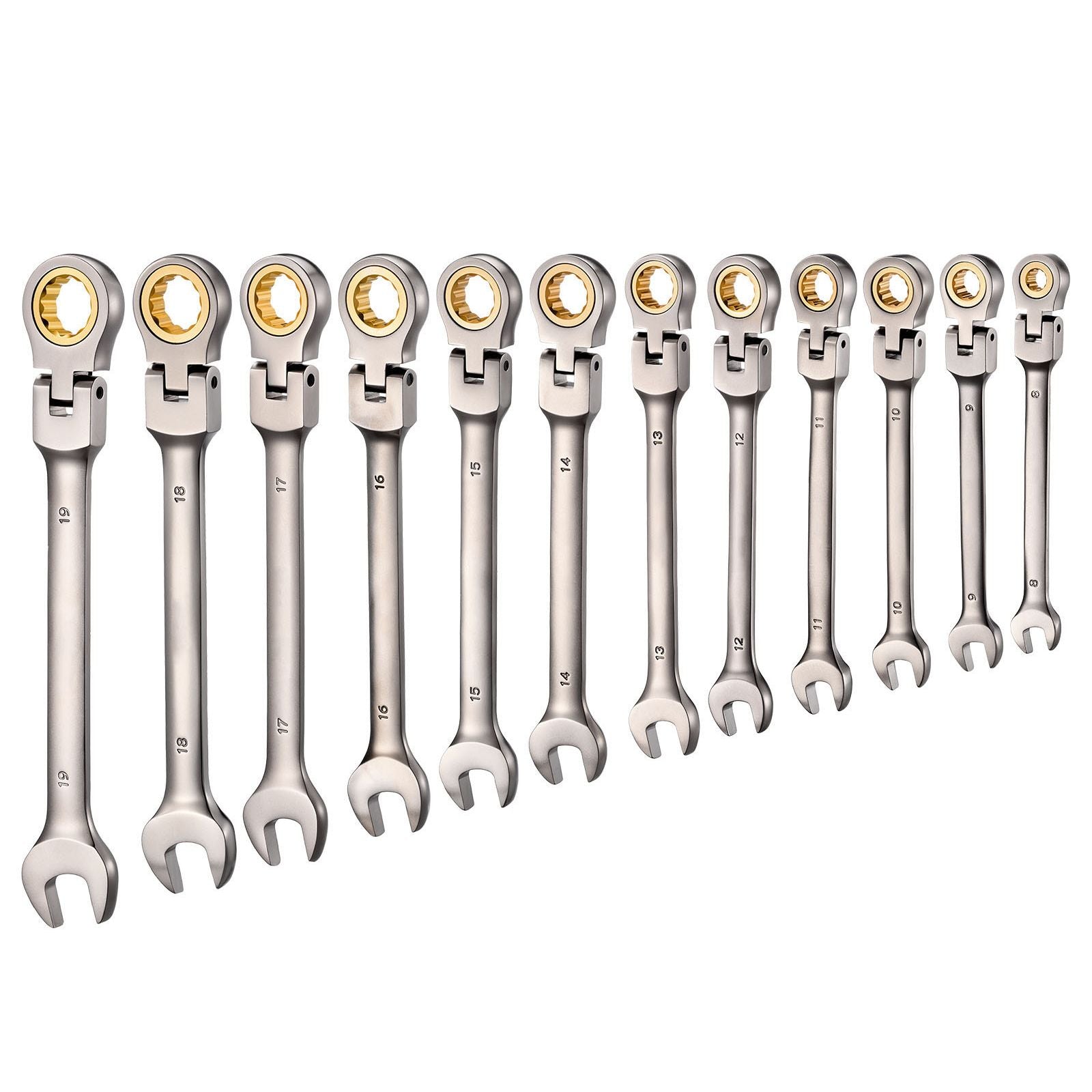 Flex-Head Ratcheting Wrench Set, 12-Piece Metric 8 mm to 19 mm, 72 Teeth, Cr-V Steel Ratchet Flexible Combination Wrench Set with Roll Up Pouch, for General Household and Automotive Repairs