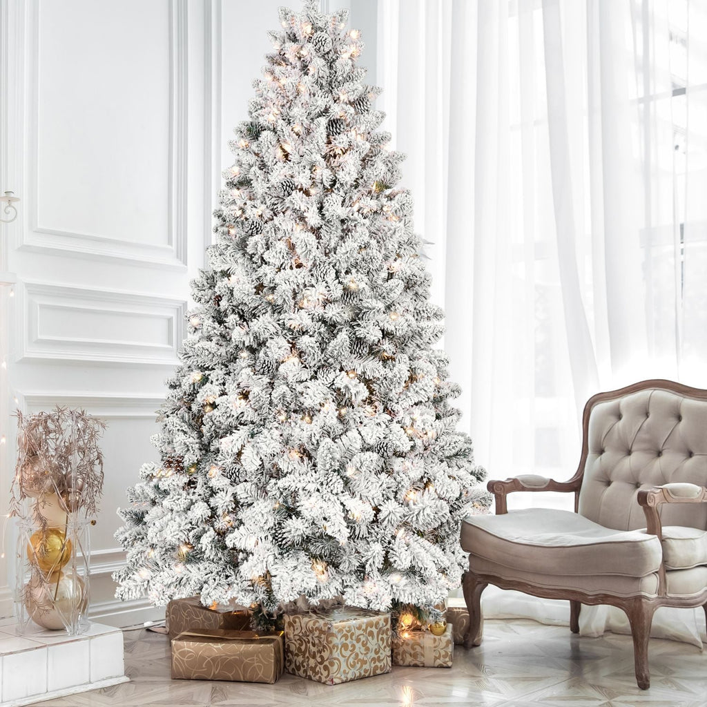 8ft Pre-lit Flocked Christmas Tree with 700 UL Lights & 54 Pine Cones & 1754 Tips Snow Frosted Artificial Xmas Tree