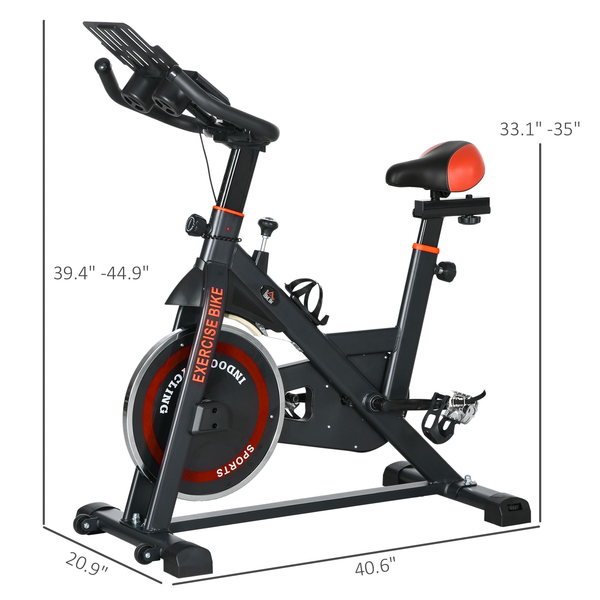 Exercise Bike, Flywheel Indoor Stationary Bike, Adjustable Height & Resistance, with LCD Monitor, Pedal Cage and Shelf Tray, 264 lbs Weight Capacity, Black and Red