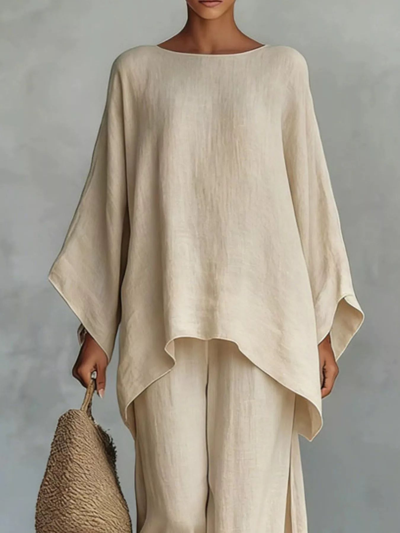 Full Size Round Neck Top and Wide Leg Pants Set Plus Size