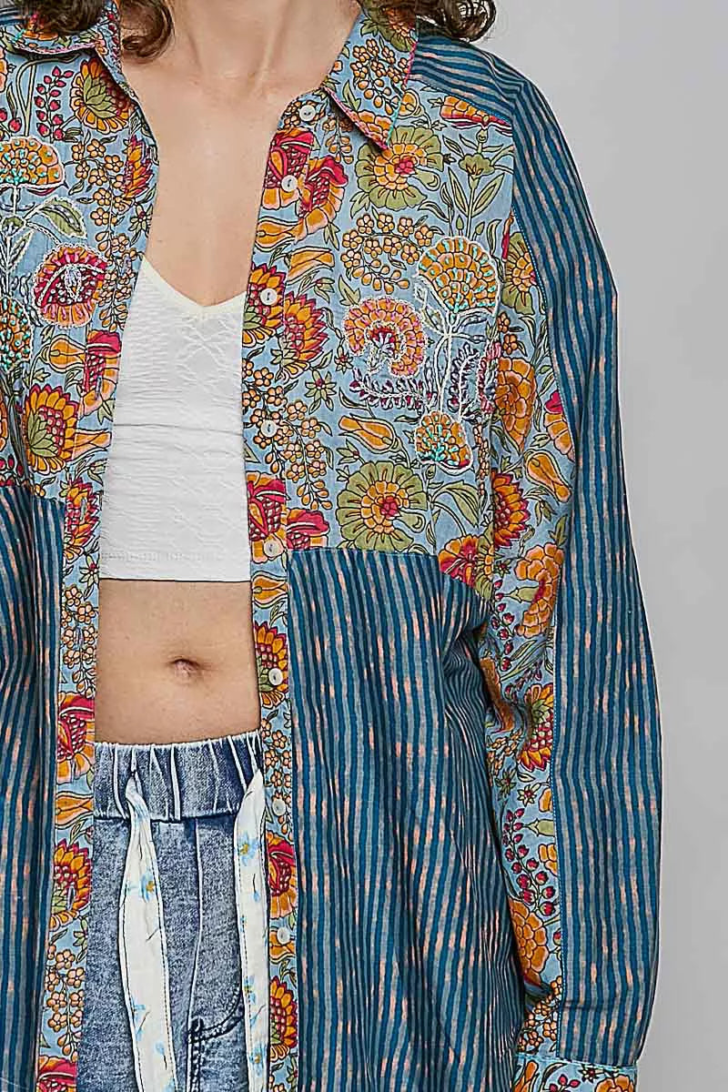 POL Patchwork Mixed Textured Paisley Floral Stripe Long Sleeve Shirt