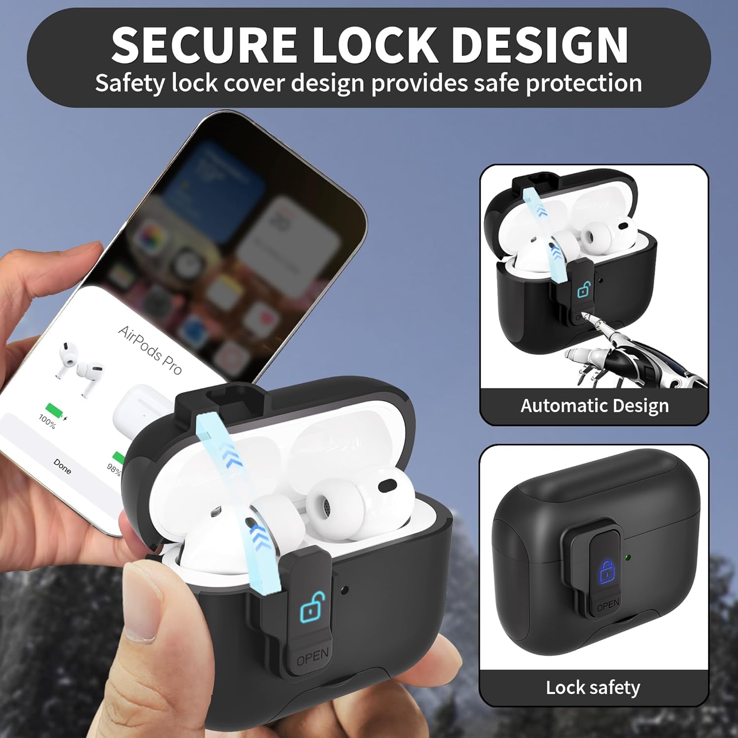 For Airpods Pro 3 Case(2025) with Secure Lock Clip, Automatic Pop-Up Full Drop Protective Hard Cover for Apple Airpod Pro 3Rd Generation with Lanyard & Cleaning Kit (Black-A)