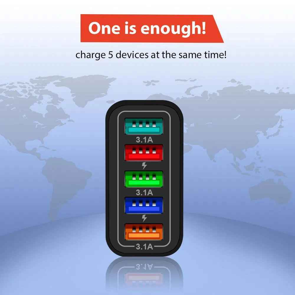 PBG Black 5-Port LED Wall Charger & QC 3-in-1 Nylon Braided Fast Charging Cable