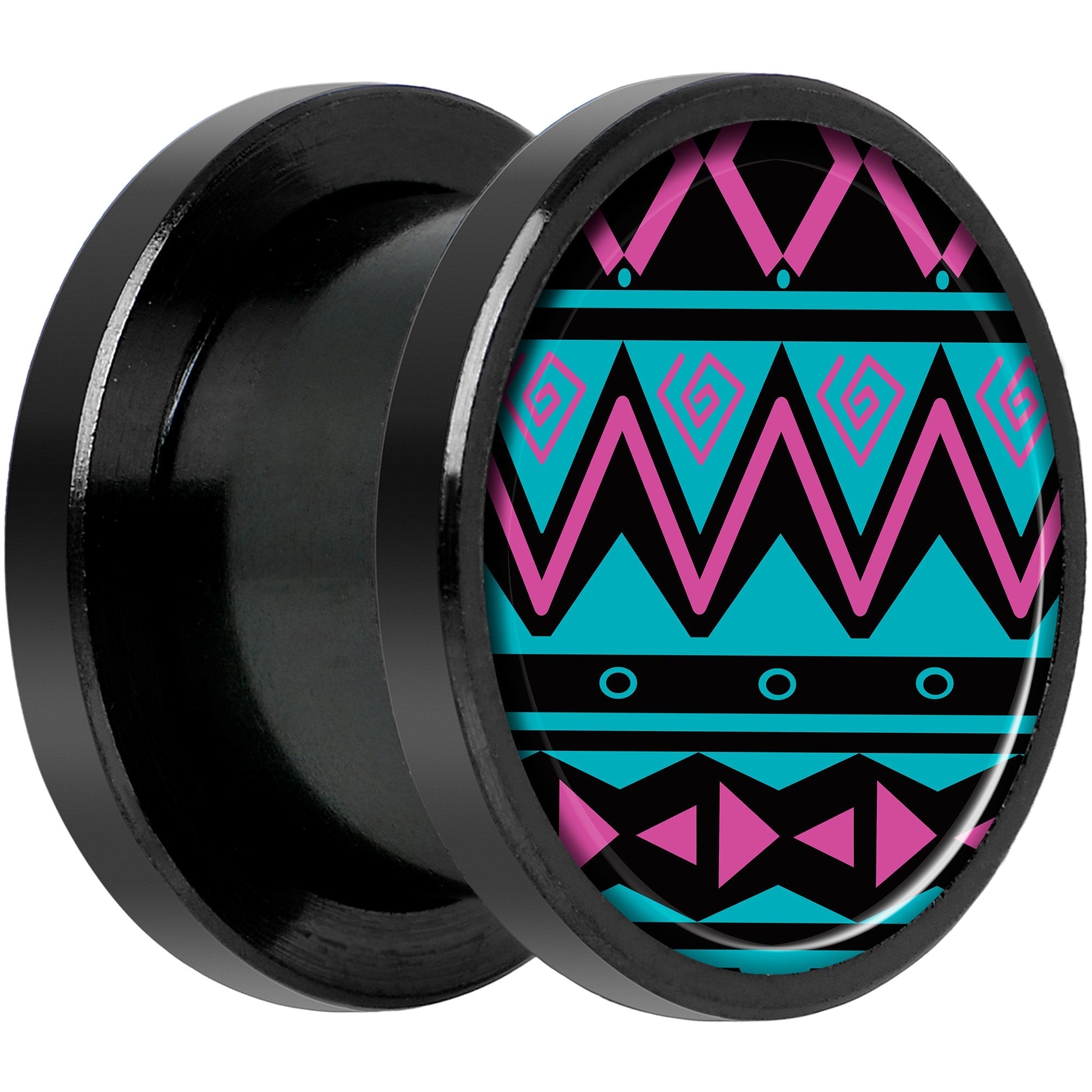 Pink Teal Tribal Print Black Anodized Screw Fit Plug Set 1/2