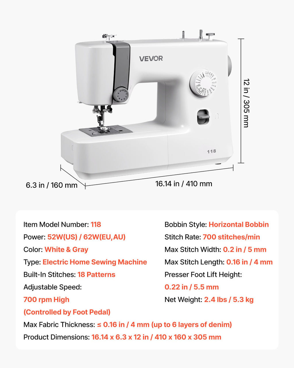 Sewing Machine, 18 Stitch Applications, with LED Light and Foot Pedal,